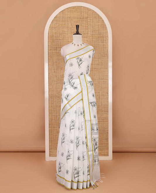 White-green floral motifs printed Linen cotton saree, contrast Sliver zari bavanji border, floral print pallu & plain blouse