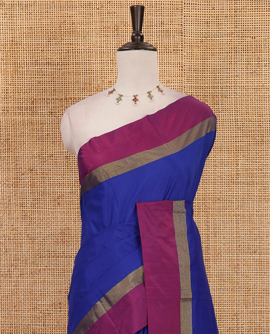 Nevy blue full-plain semi-soft saree, contrast satin border of zari stripes, striped pallu & contrast plain blouse