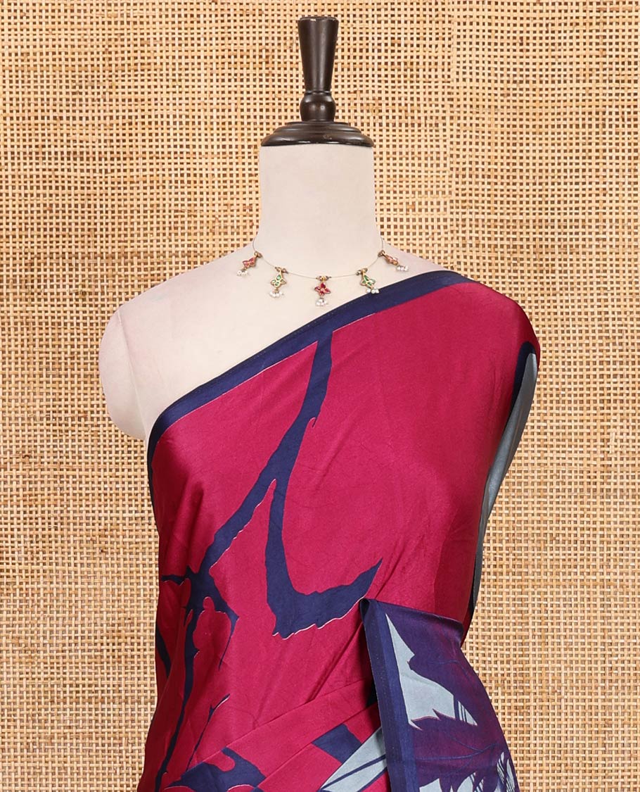 Purple painting-style floral printed gajji silk saree, contrast piping border, printed pallu & contrast plain blouse