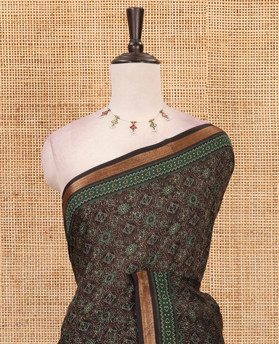 Chocolate brown geometric printed muslin cotton saree, zari border, geometric printed pallu & argyle printed blouse