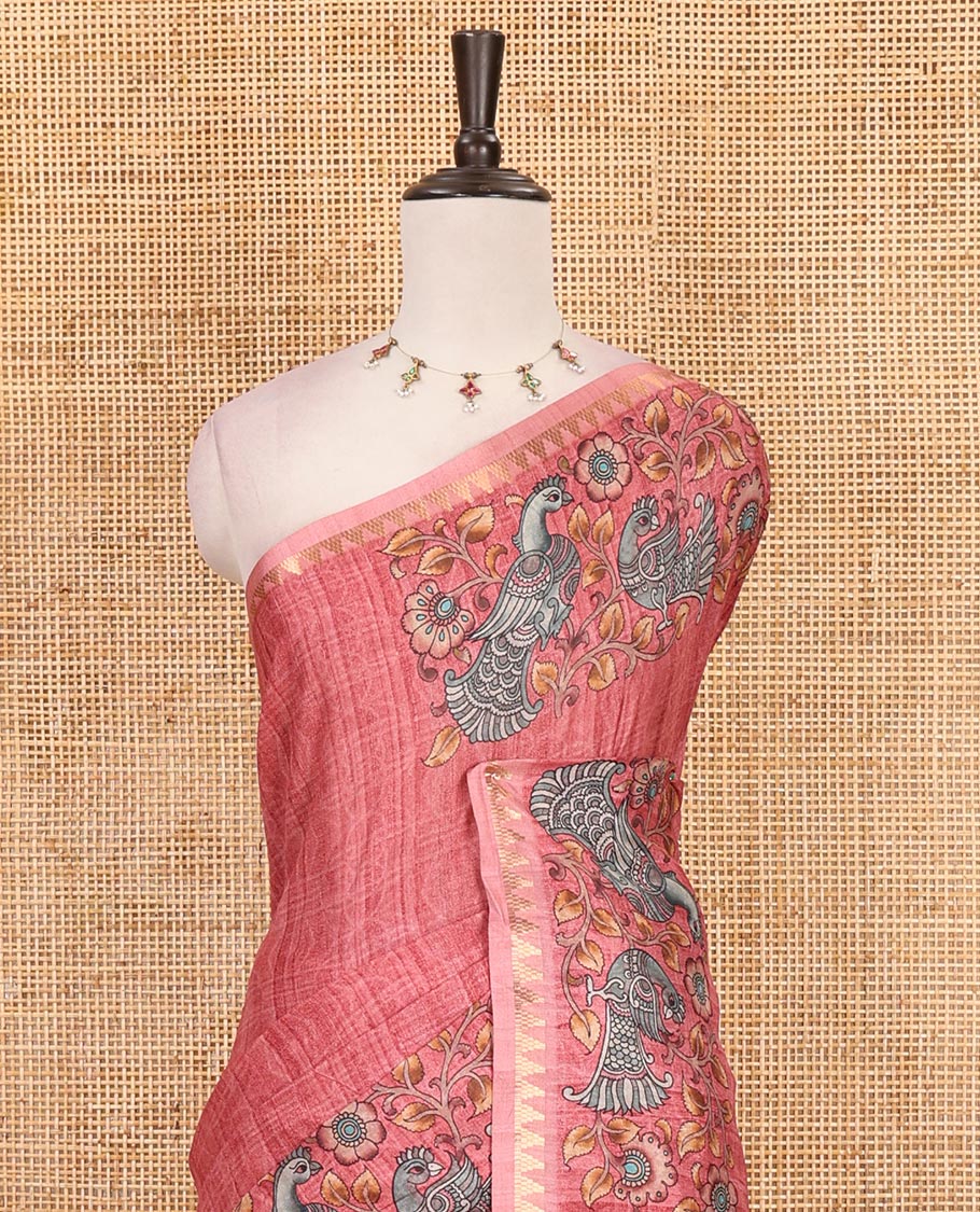 Onion pink full-plain katan silk saree, double-side kalamkari floral vine and bird printed temple zari border and matching floral vine printed blouse