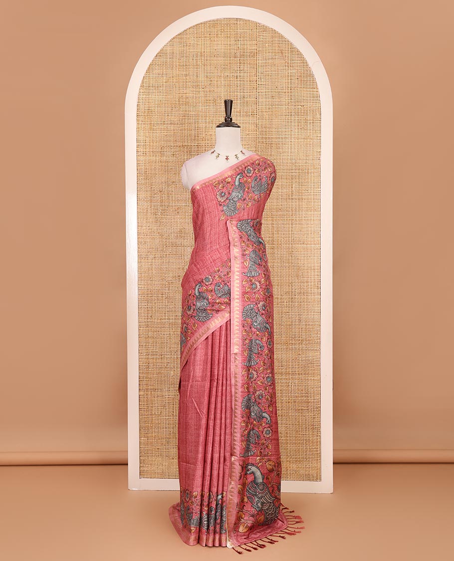 Onion pink full-plain katan silk saree, double-side kalamkari floral vine and bird printed temple zari border and matching floral vine printed blouse