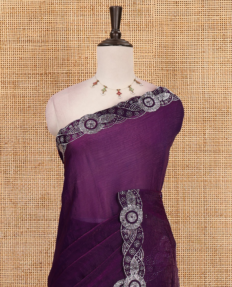 Violet full-plain fendy chiffon saree, scallop swarovski stone work geometric border and contrast plain blouse