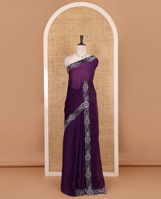 Violet full-plain fendy chiffon saree, scallop swarovski stone work geometric border and contrast plain blouse