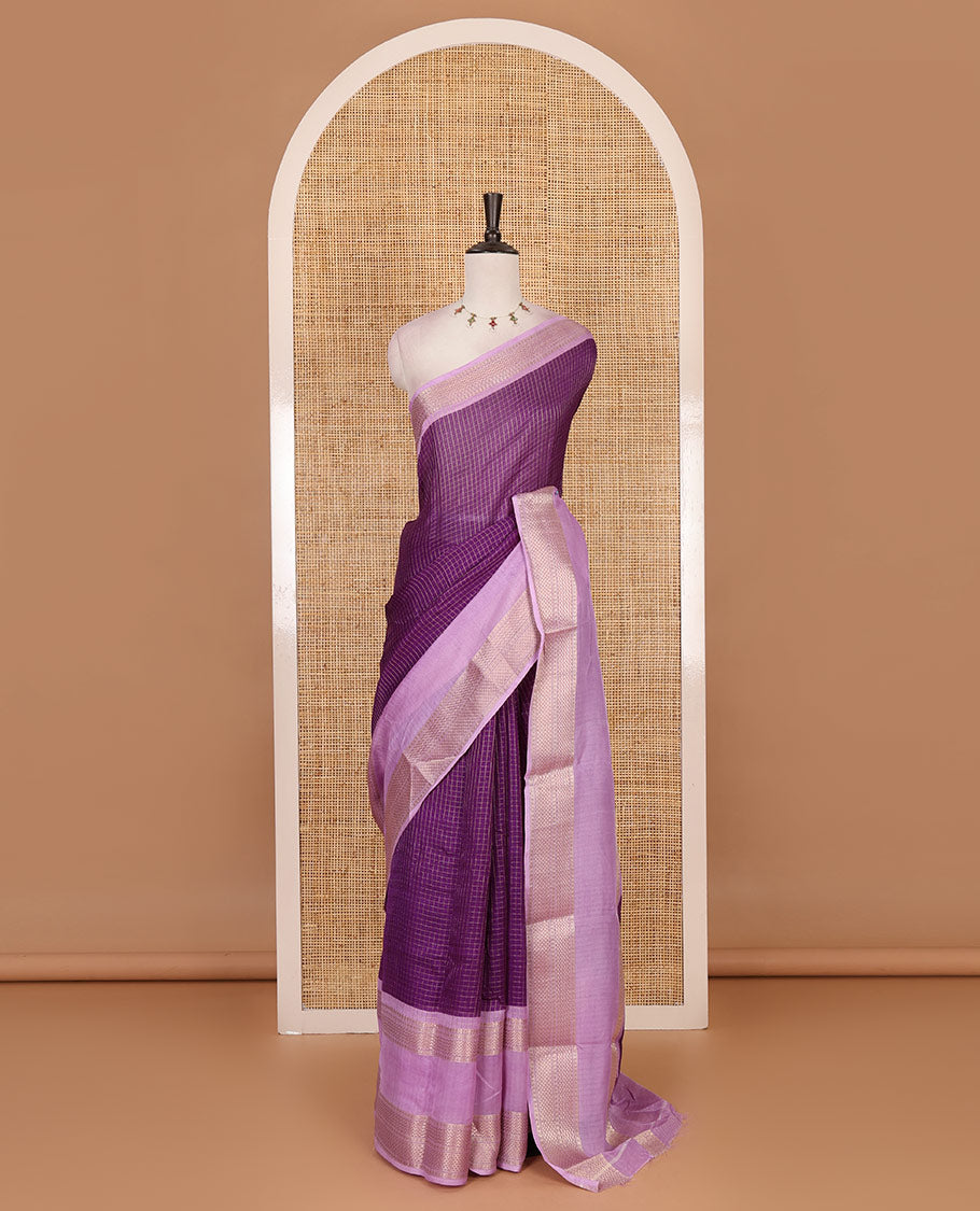 Violet zari checked moss milan saree, contrast traditional zari rettai pettu border, striped pallu, and contrast blouse