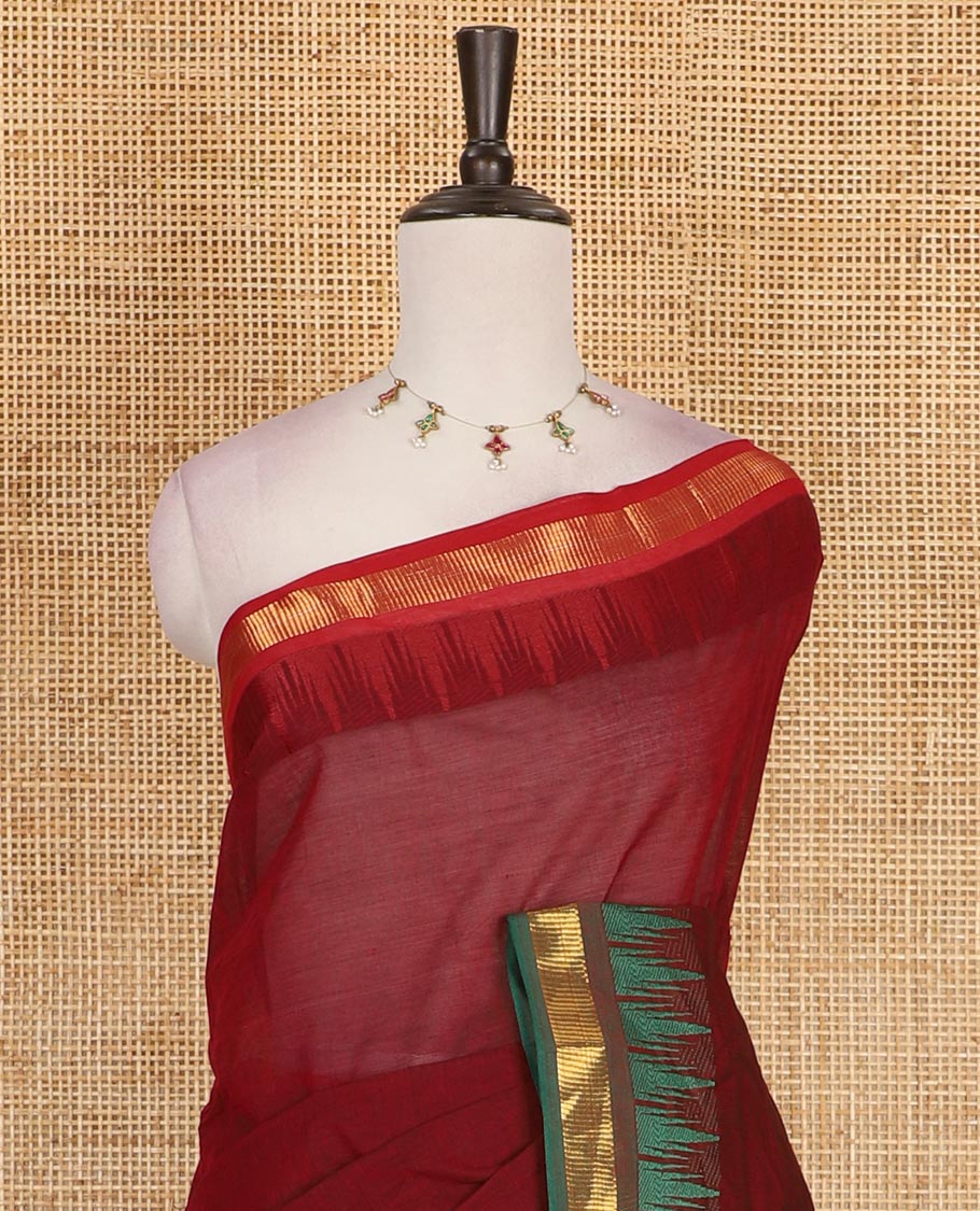 Maroon plain Chettinad cotton saree, contrast ganga jamuna temple zari border, striped pallu, and plain blouse