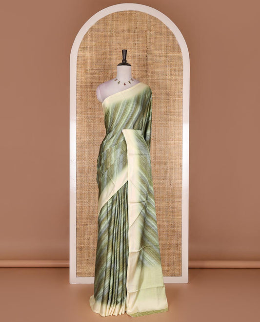 Mehendi green leheriya style hand brush printed satin crepe saree, contrast border, plain pallu, and floral vine printed blouse