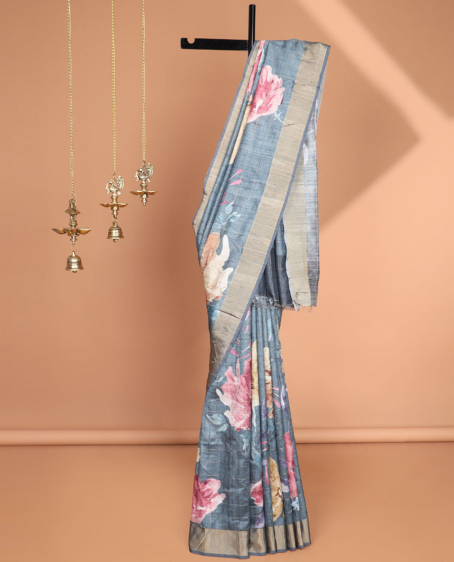 Grey checks with floral printe semi tussar saree, gold zari bawanchi border & printed pallu along with checked blouse