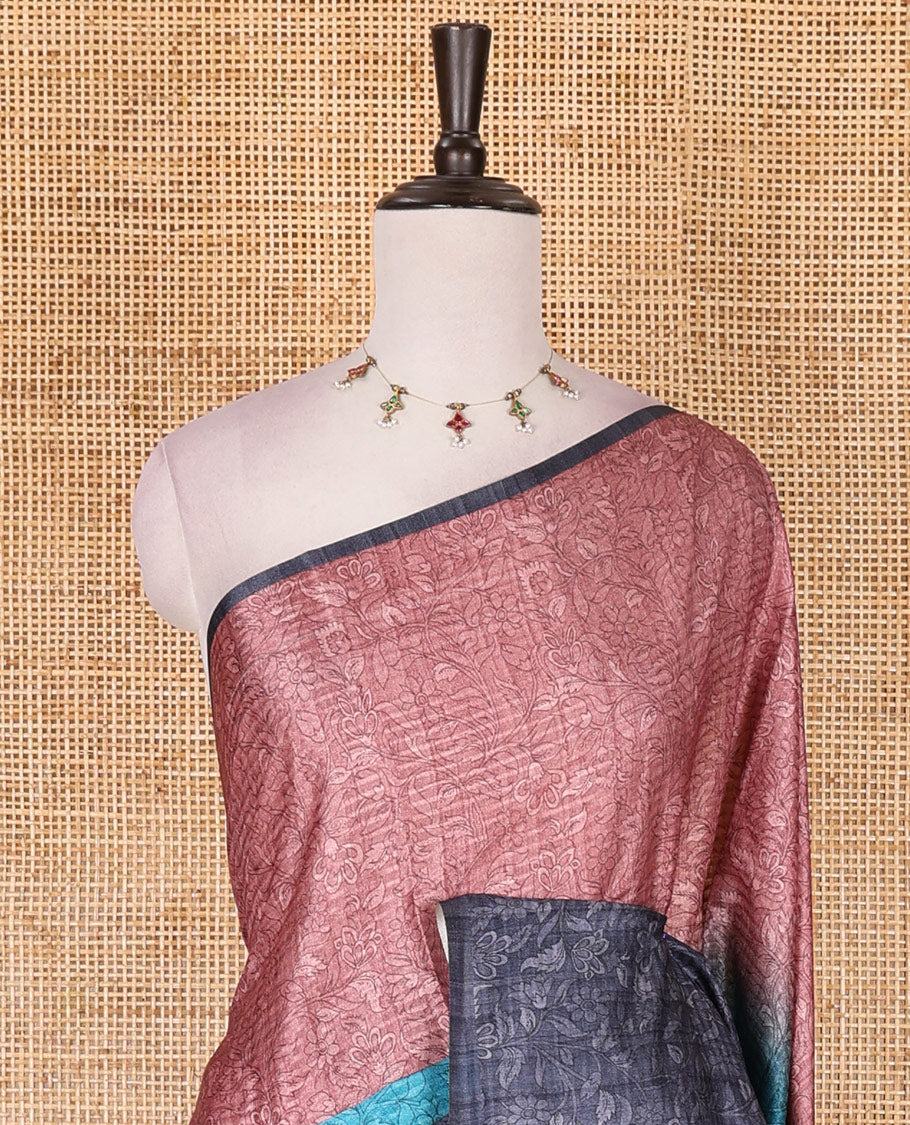 Borderless blue ombre style dyed and floral vine design semi tussar saree, contrast kalamkari printed pallu and blouse