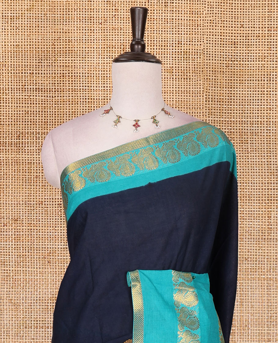 Navy blue plain sungudi cotton saree, contrast annam motifs, gold zari woven border, zari striped, and zari design contrast blouse