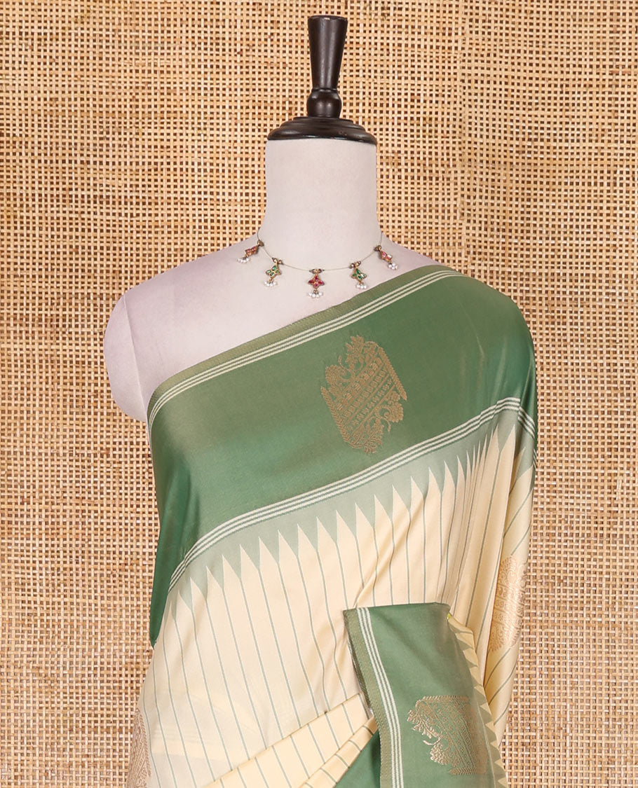 Sandal striped and zari buttas Mulberry silk saree, contrast temple zari buttas border, intricate pallu, and contrast zari design blouse