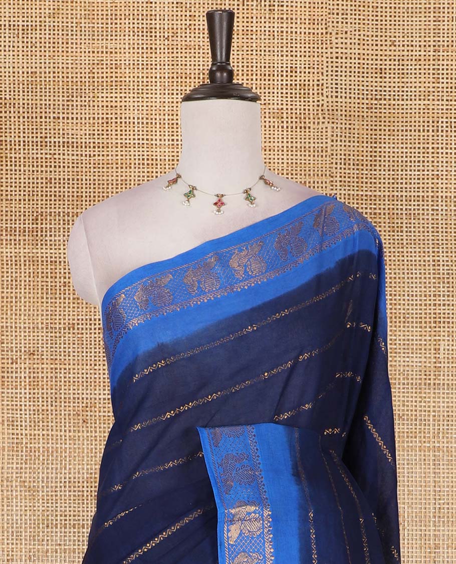 Blue veldhari zari striped Sungudi cotton saree, contrast peacock zari motif border, zari striped pallu, and contrast zari design blouse