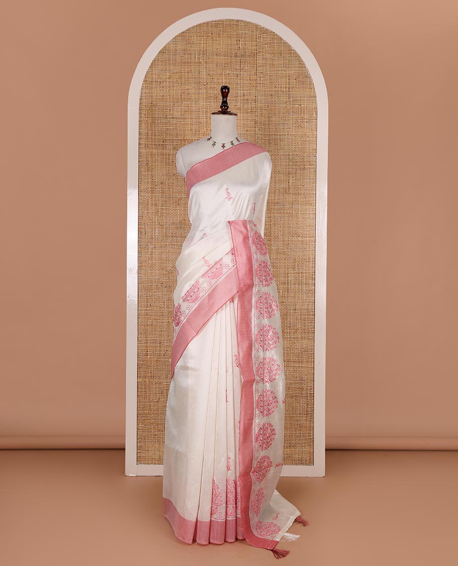Half-white mango and flower pots thread embroidered semi-tussar saree, contrast peach border, manga motif embroidered pallu, and a matching blouse