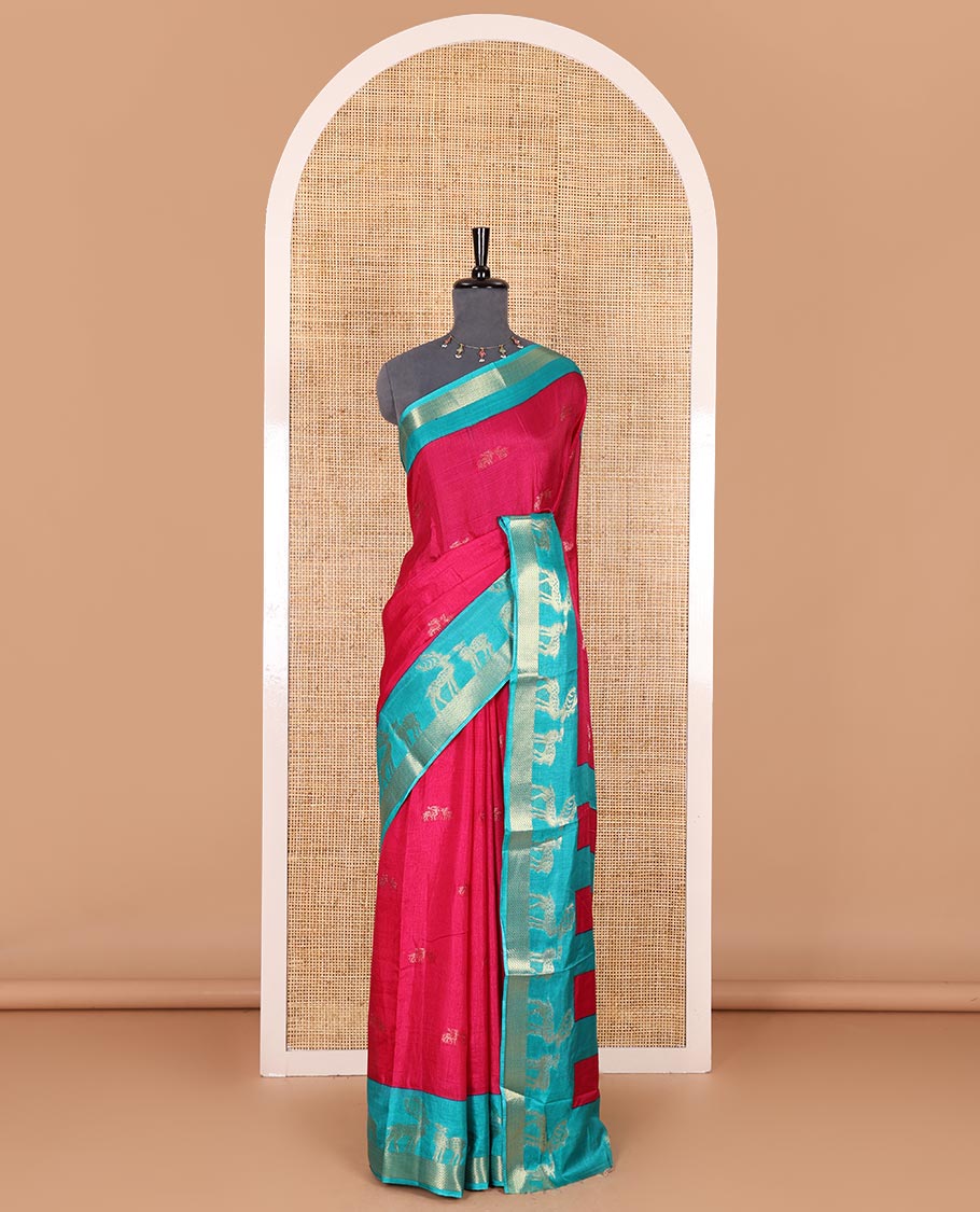 Rani pink deer copper zari buttas dola silk saree, contrast chevron and deer motifs zari border, deer motifs pallu, and contrast deer motifs blouse