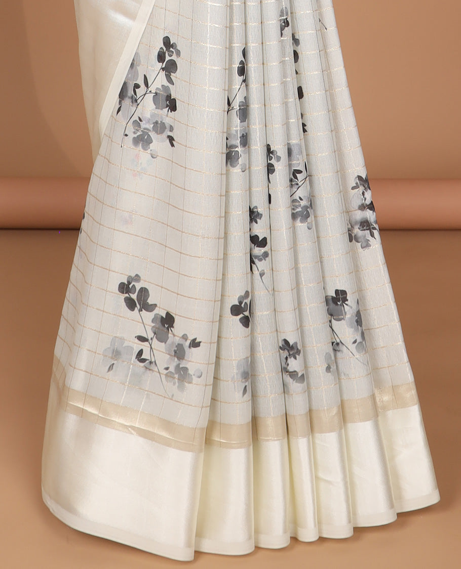 White checks zari, floral digital print dola silk saree with satin border & checks, floral design blouse