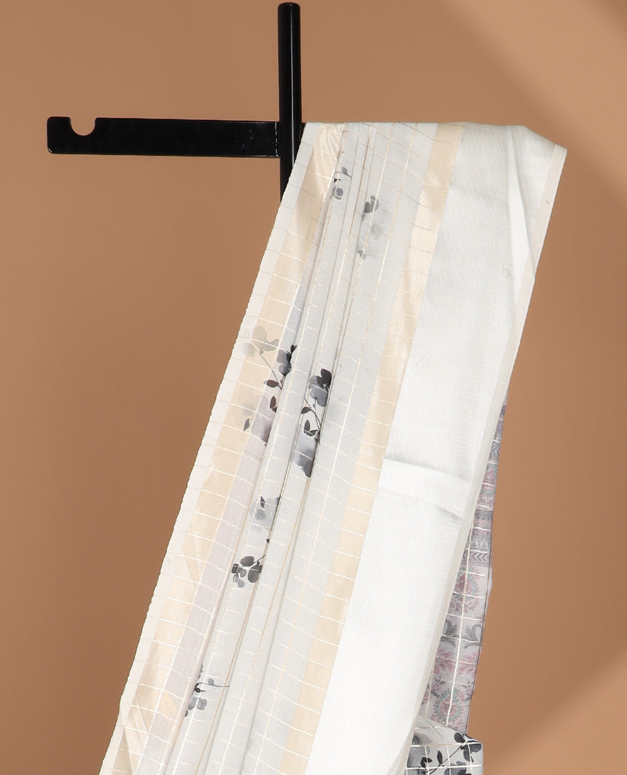 White checks zari, floral digital print dola silk saree with satin border & checks, floral design blouse