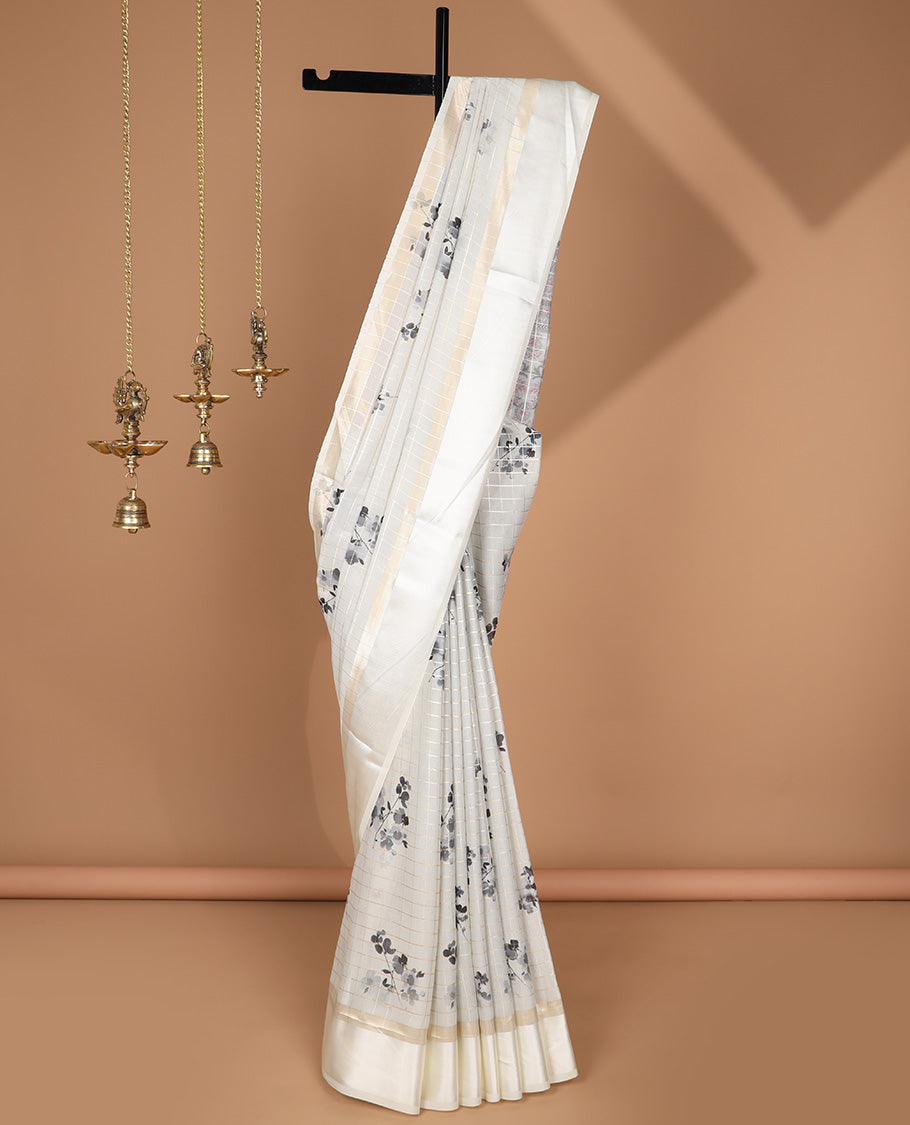 White checks zari, floral digital print dola silk saree with satin border & checks, floral design blouse
