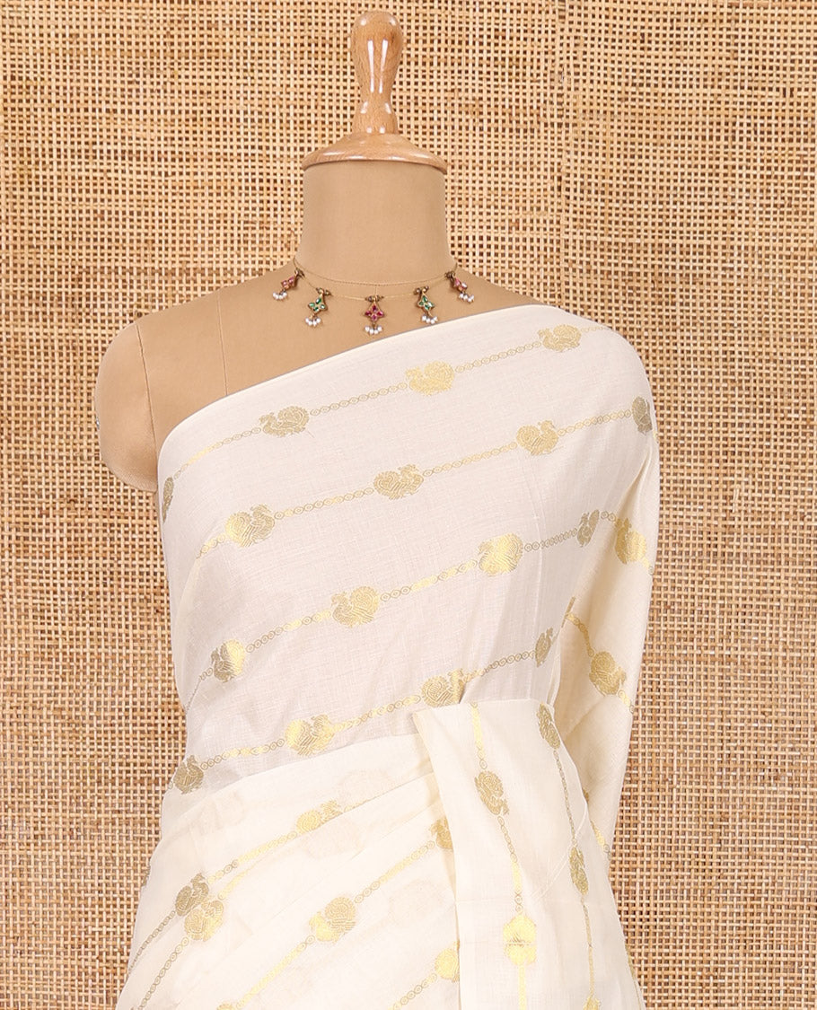 Borderless cream-maroon peacock and horizontal zari striped Kerala cotton saree, self-pallu with tassels, and a matching blouse