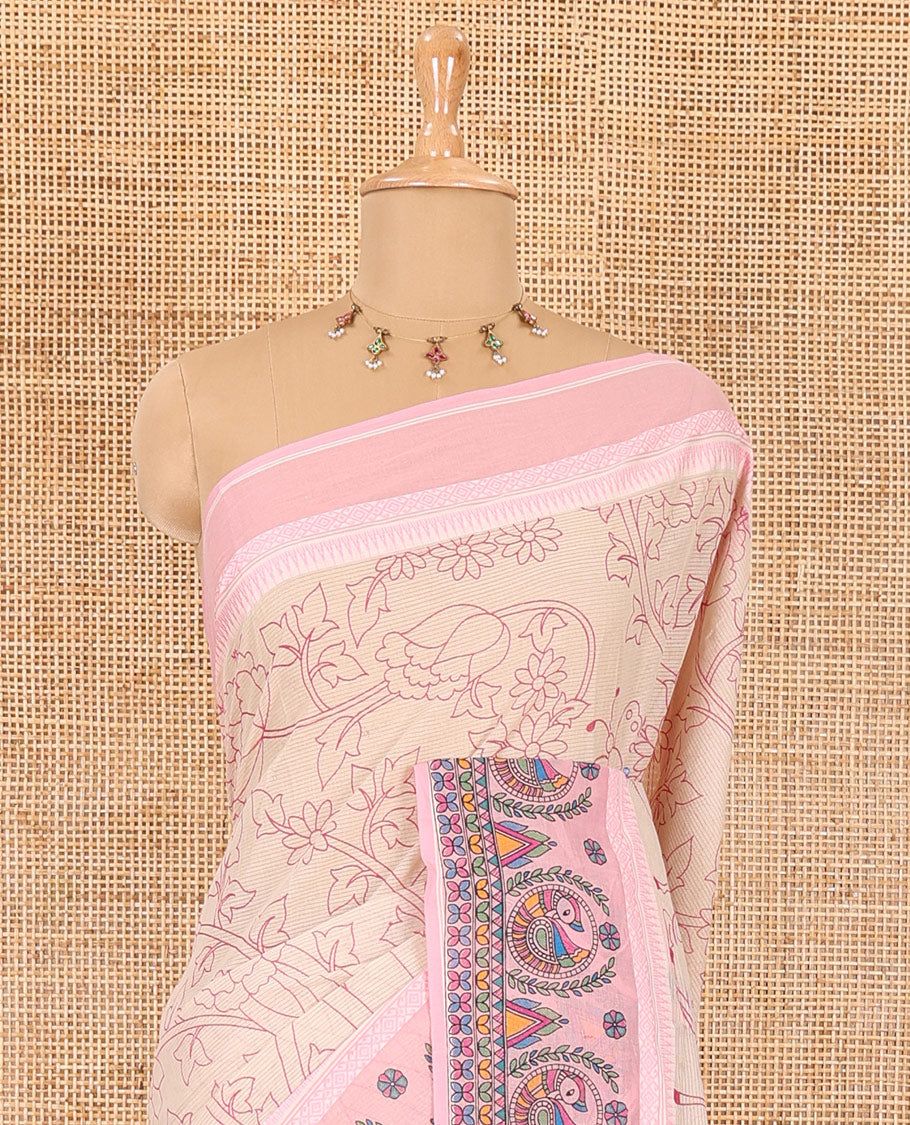 Chikku-baby pink floral, and dear motifs printed mangalagiri cotton saree, contrast resham thread traditional temple border of Madhubani floral-peacock print, printed pallu, and a contrast blouse