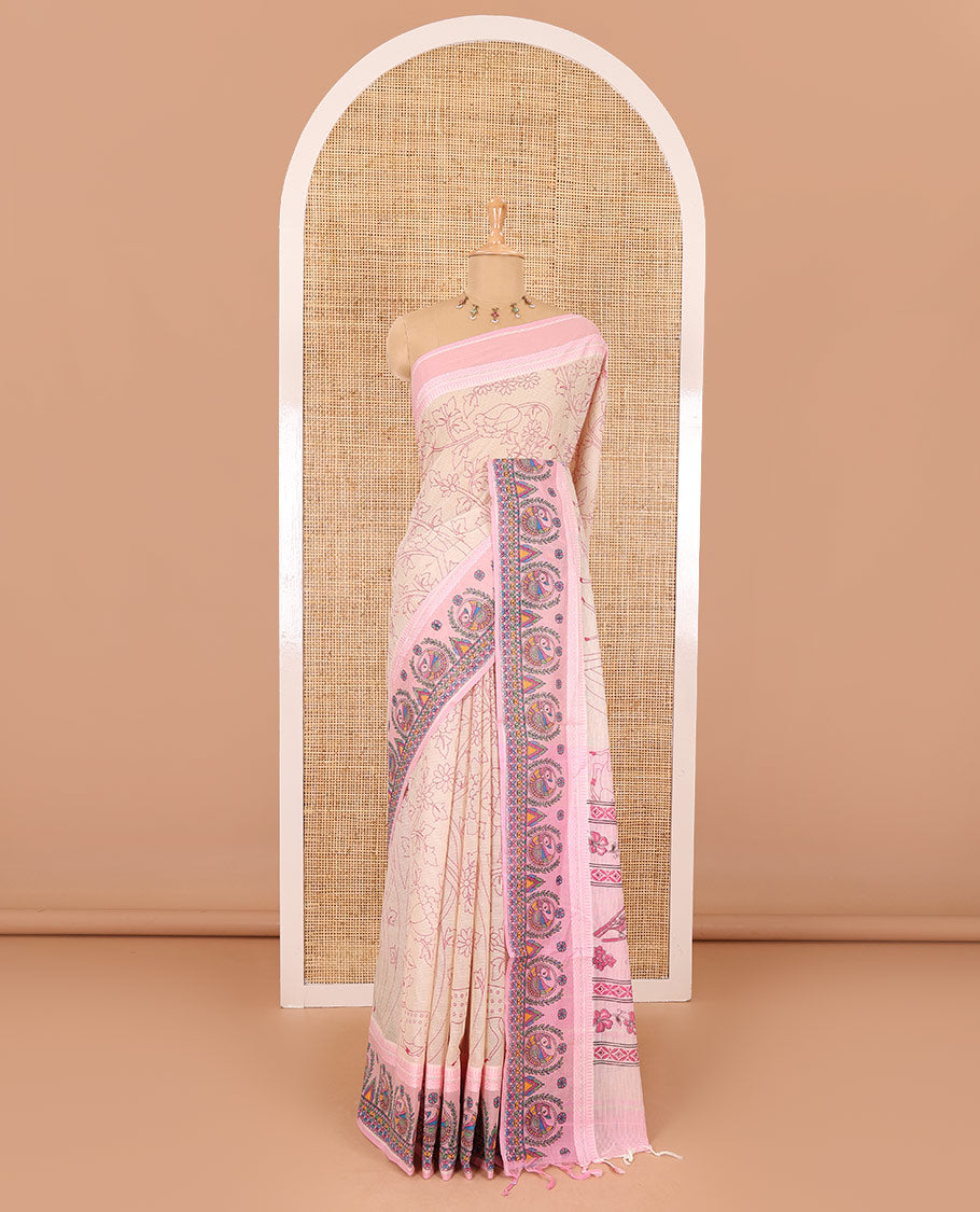 Chikku-baby pink floral, and dear motifs printed mangalagiri cotton saree, contrast resham thread traditional temple border of Madhubani floral-peacock print, printed pallu, and a contrast blouse