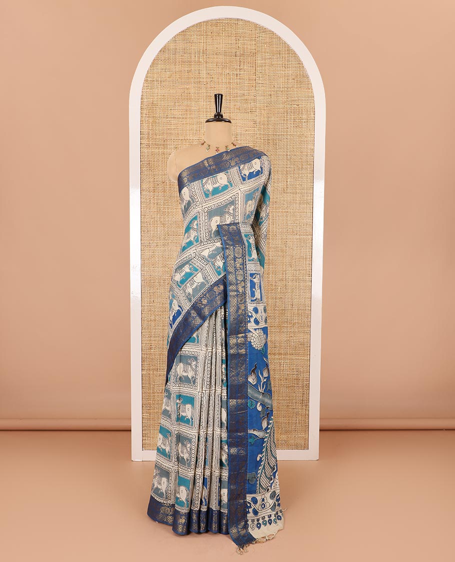 Blue kalamkari-style pichwai printed Mangalagiri cotton saree with contrast traditional zari border, kalamkari printed pallu, and a floral vine printed blouse