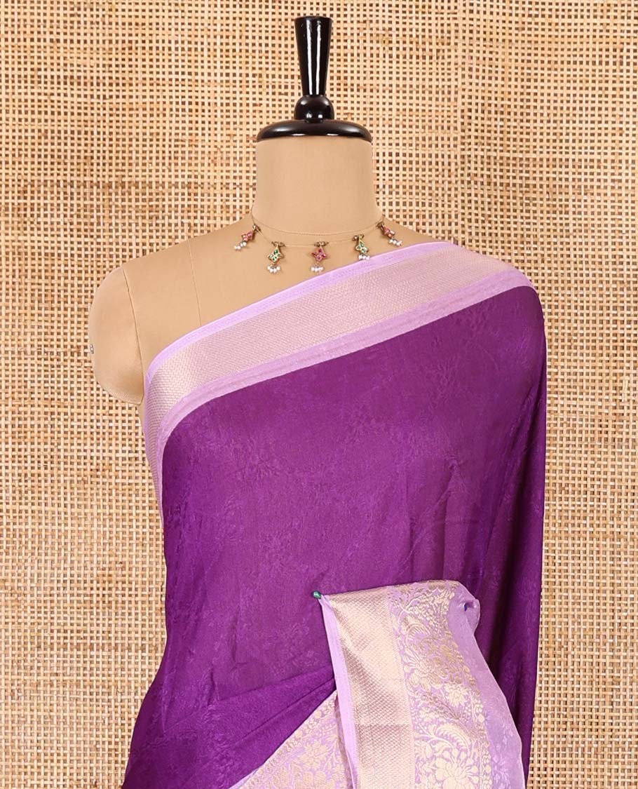 Purple embossed moss chiffon saree, contrast embossed with traditional zari border, jaal pallu, and a contrast blouse
