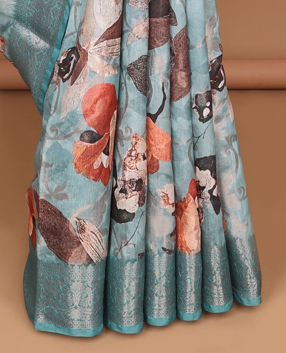 Aqua green floral weaving zari design semi-dupion saree with sliver zari border & rich weaving zari pallu along with weaving blouse