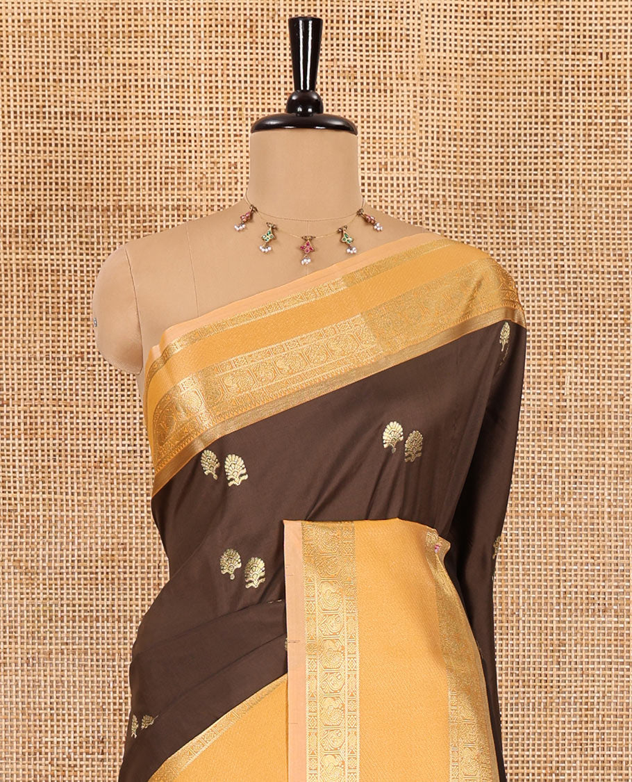 Brown buttas soft silk saree , contrast peacock and mango zari weaving border , contrast weaving rich pallu and contrast Blouse