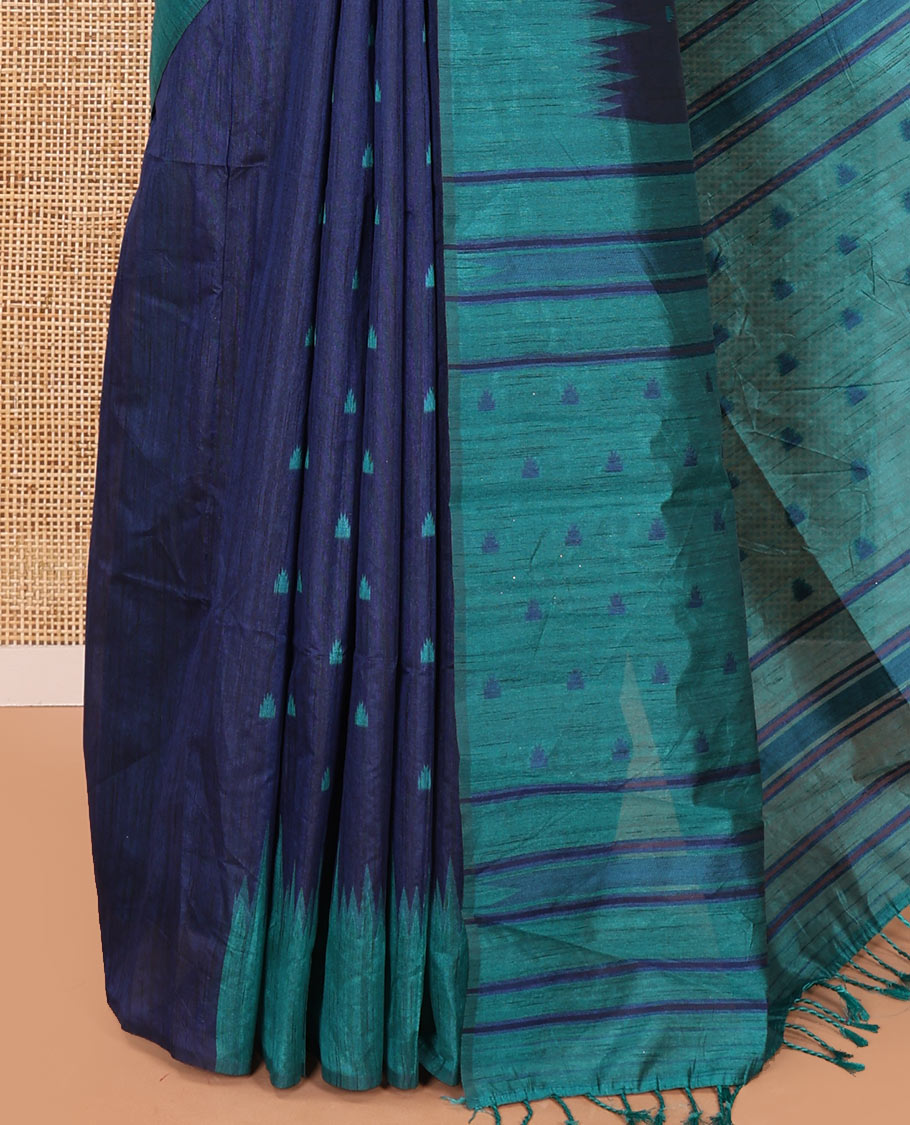 Navy blue buttas semi-jute saree with contrast temple border, thread striped pallu, and a contrast thread buttas blouse
