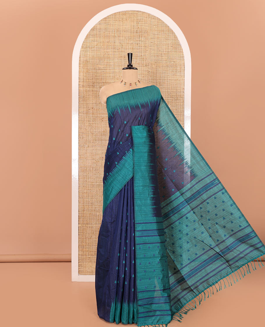 Navy blue buttas semi-jute saree with contrast temple border, thread striped pallu, and a contrast thread buttas blouse