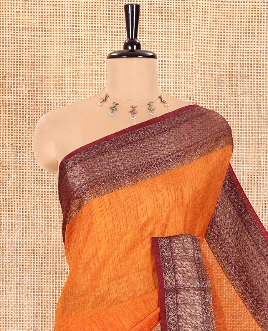 Mustard Plain Jute Linen Saree, Complemented with a Contrast Border of Geometric Patterned in Antique Zari, Zari Striped Pallu, and a Contrast Blouse