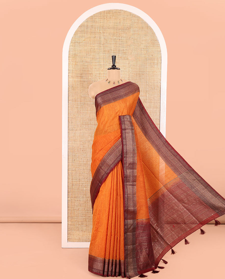 Mustard Plain Jute Linen Saree, Complemented with a Contrast Border of Geometric Patterned in Antique Zari, Zari Striped Pallu, and a Contrast Blouse