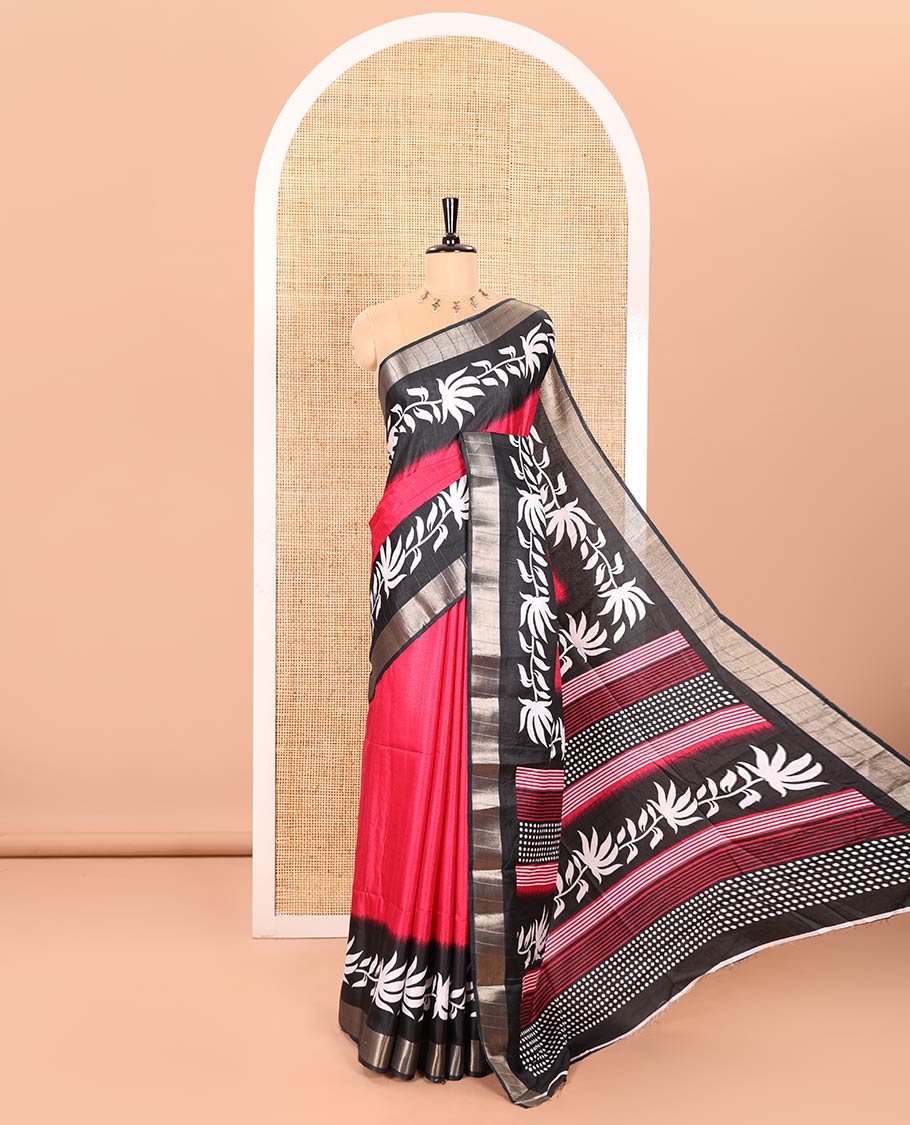 Rani Pink Plain Dola Silk Saree Embellished with Contrast Border of Leaf Vines Print and Zari Work, Pallu of Floral and Geometric Print, and Paired with a Contrast Blouse