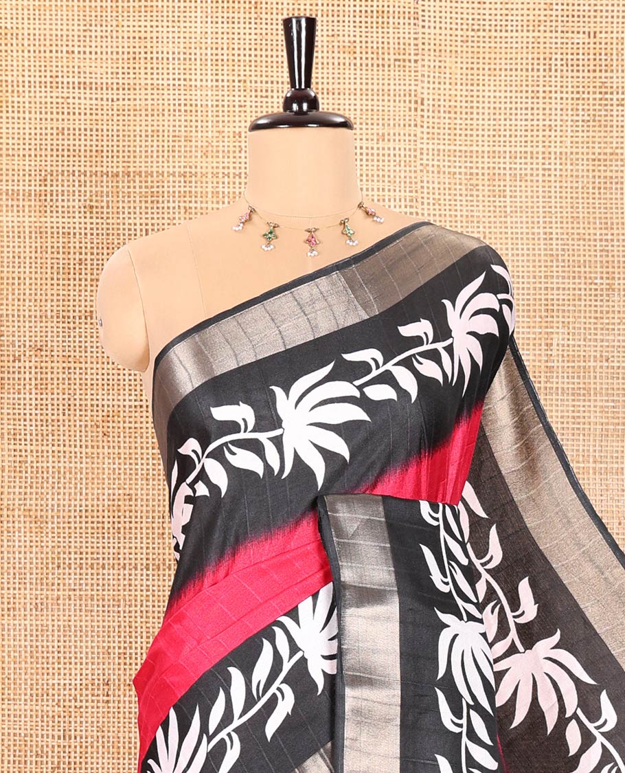 Rani Pink Plain Dola Silk Saree Embellished with Contrast Border of Leaf Vines Print and Zari Work, Pallu of Floral and Geometric Print, and Paired with a Contrast Blouse