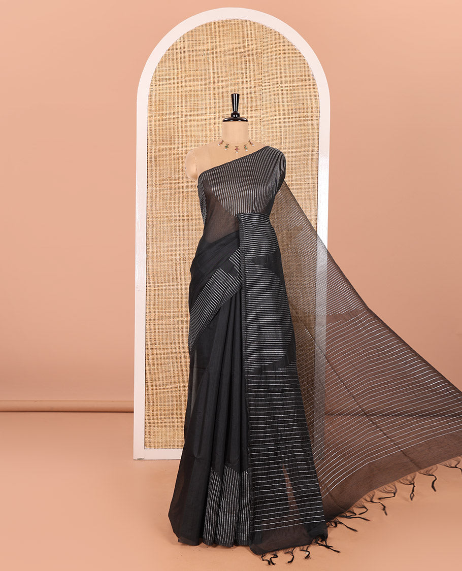 Borderless Black Chanderi Cotton Saree Gleamed up with Sequins and Thread Stripes, Self-Pallu Featuring Sequins and Thread Stripes, and Comes with a Matching Blouse