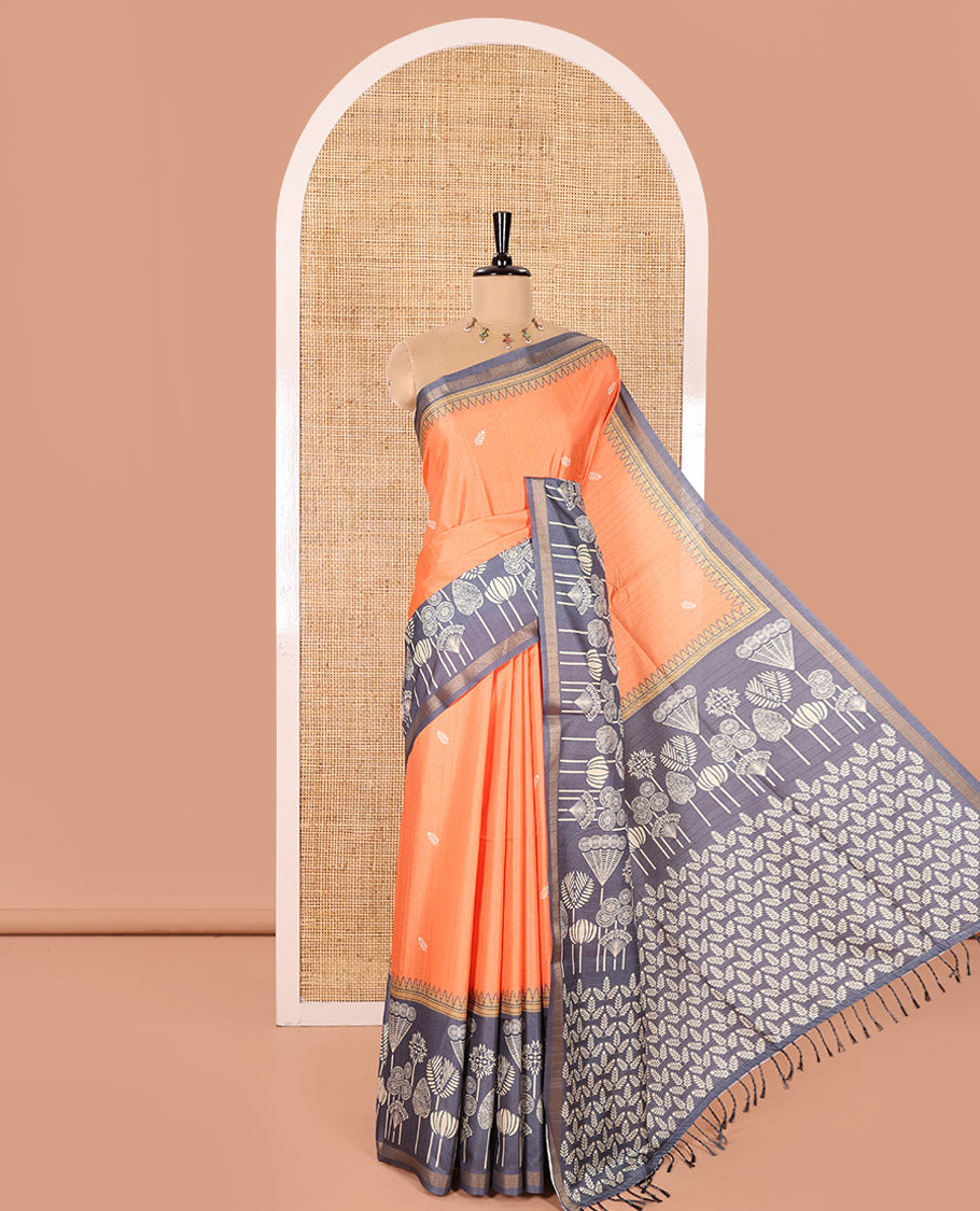 Orange Katan Silk Saree Subtly Sparkled with Leaf Motifs Print, Complemented by a Contrast Border of Tropical Floral Prints, Pallu of Jaal Design, and Paired with a Contrast Blouse