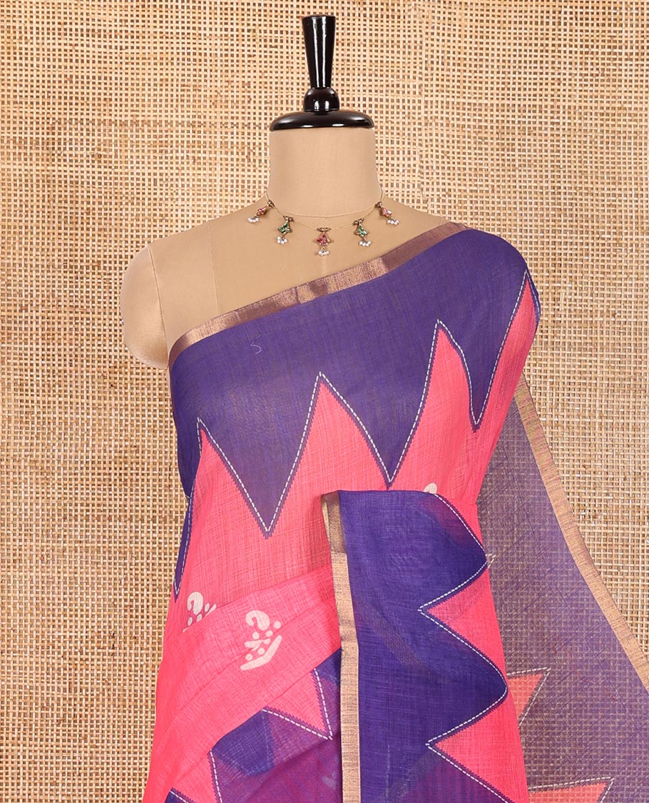 Pink Linen Cotton Saree Delicately Printed with Batik-Style Buttas All Over Its Body, Complemented by a Contrast Temple Zari Piping Border, Striped Pallu, and Paired with a Matching Striped Blouse