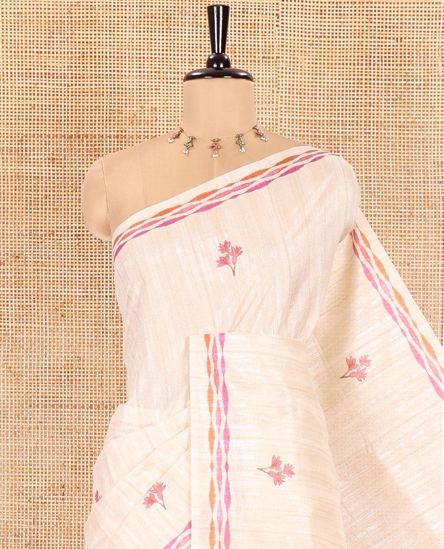 Chikku Semi-Tussar Silk Saree, Artfully Printed with Floral Motifs on Its Body, a Subtly Printed Border, Pallu of Floral Vine and Parrot Print, and Paired with a Matching Printed Blouse