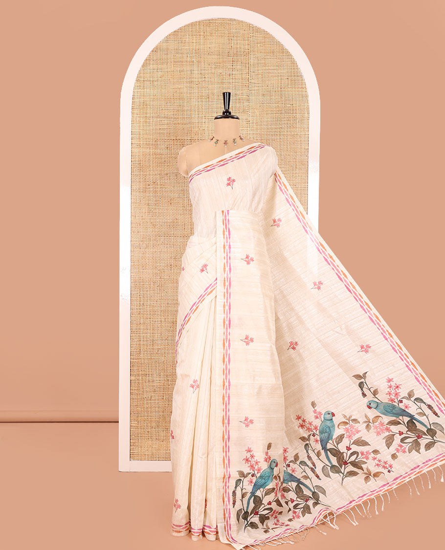 Chikku Semi-Tussar Silk Saree, Artfully Printed with Floral Motifs on Its Body, a Subtly Printed Border, Pallu of Floral Vine and Parrot Print, and Paired with a Matching Printed Blouse
