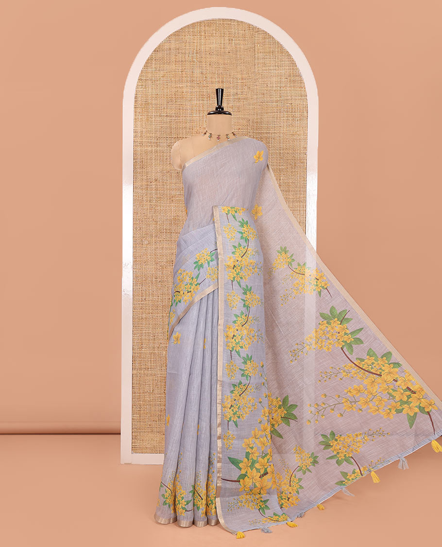 Grey Linen Saree, Enthralled with Averrhoa Carambola-Style Floral Motifs Print, Subtle Piping Border, Pallu Mirrors the Same Print, and Paired with a Matching Blouse