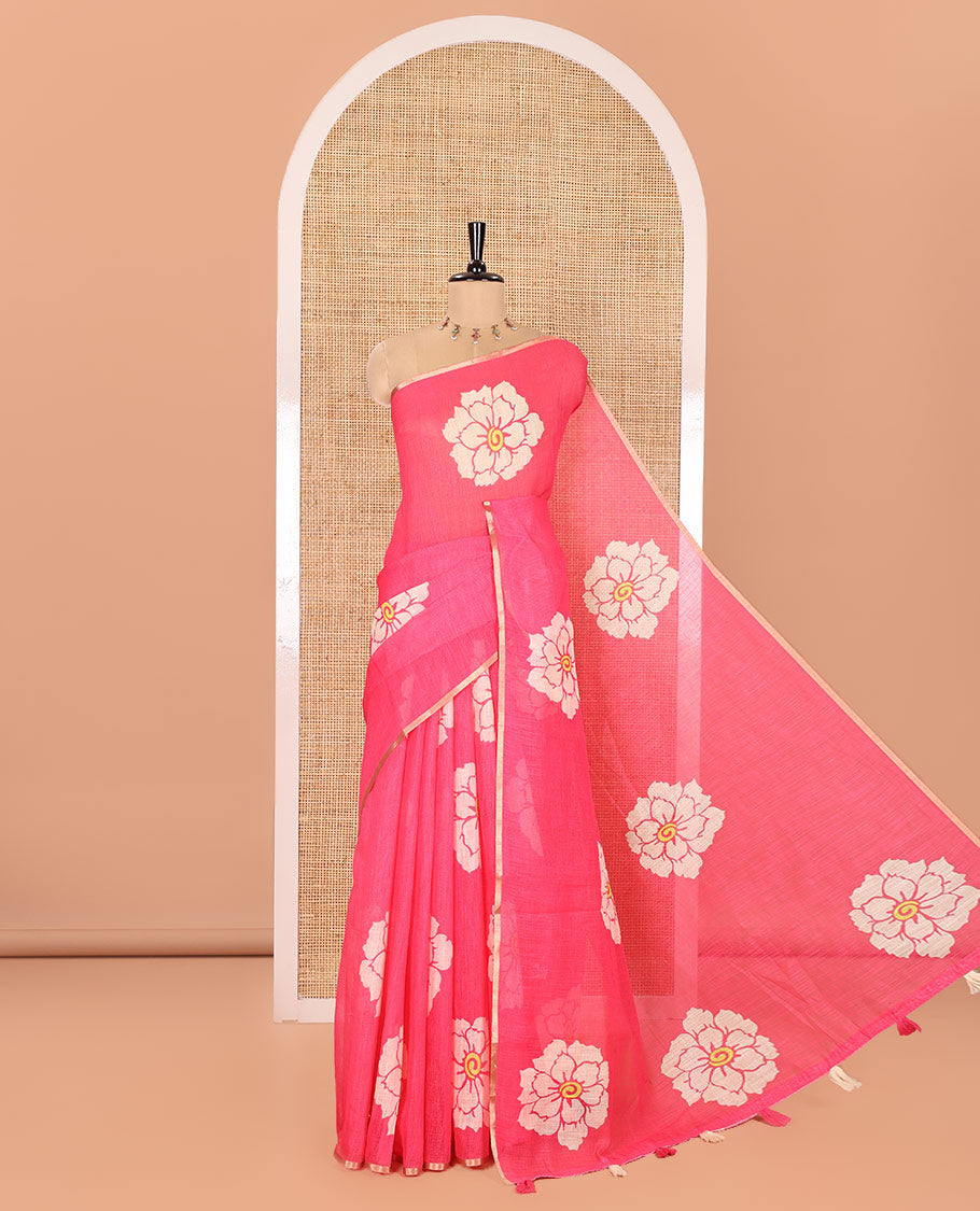 Pink Linen Cotton Saree, Beautified with Flower Motifs Printed on Its Body, Subtle Piping Border, Self-Printed Pallu, and Paired with a Matching Blouse