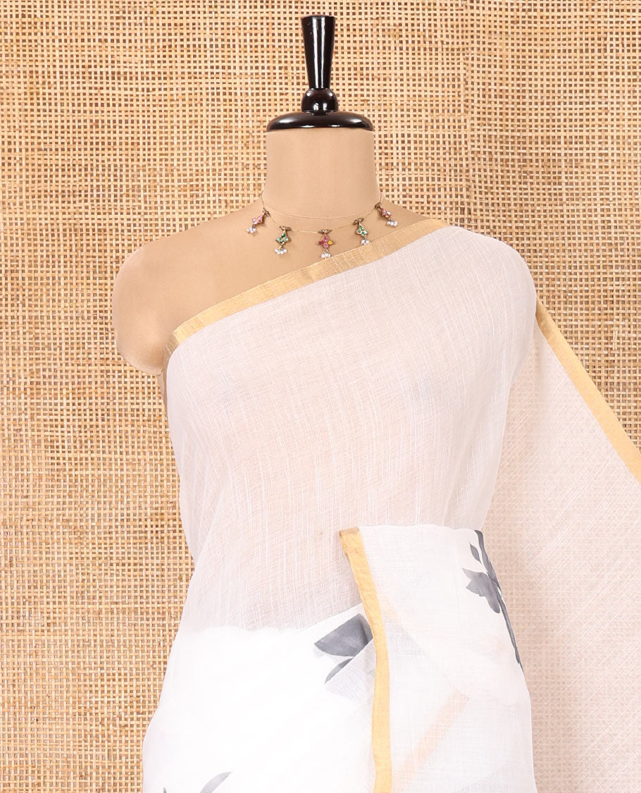 White Linen Cotton Saree, Enthralled with Butterfly Buttas All Over Its Body, Subtle Piping Border, Pallu of Butterfly Print, and Paired with a Contrast Fairy Motifs Printed Blouse