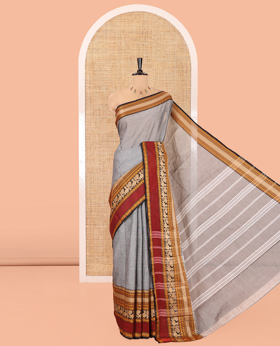 Grey Plain Chettinad Cotton Saree, Complemented by a Contrast Traditional Design Rettai Pettu Border of Peacock Designs, Subtly Striped Pallu, and Comes Without a Blouse