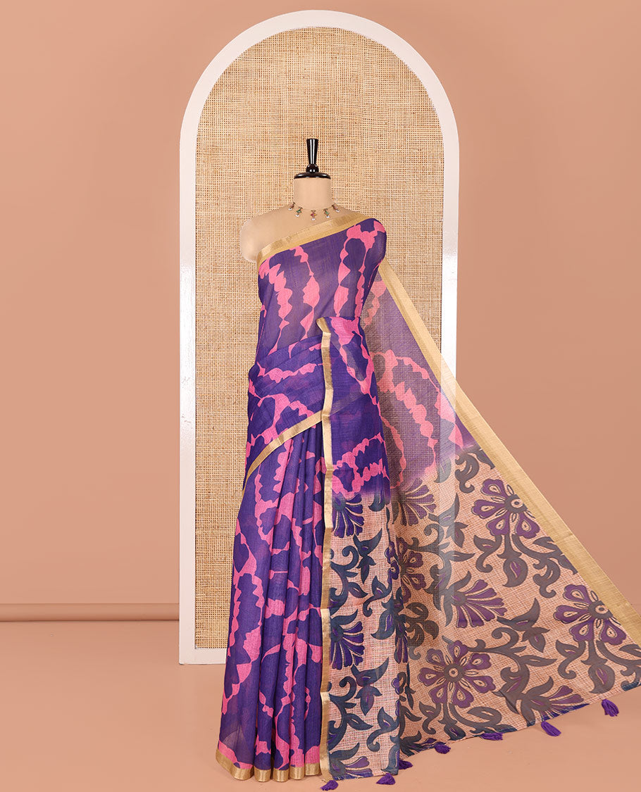 Dark Violet Linen Cotton Saree, Adorned with Shibori Print On Its Body, Subtle Piping Border, Pallu Steeped with Floral Vine Print, and Paired with a Printed Blouse