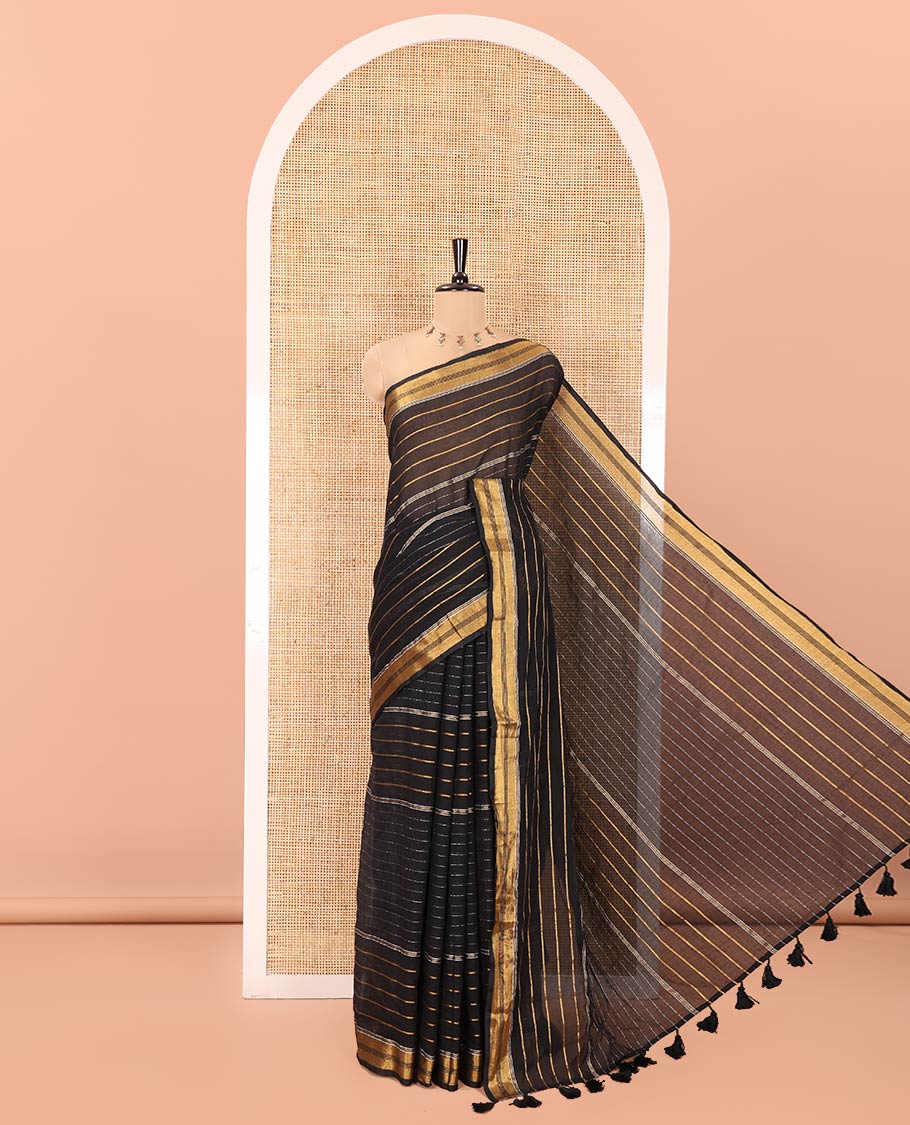 Black Khadi Mul Cotton Saree, Woven with Horizontal Stripes On Its Body, Subtle Zari Border, Stripes Pallu, and Paired with a Matching Blouse