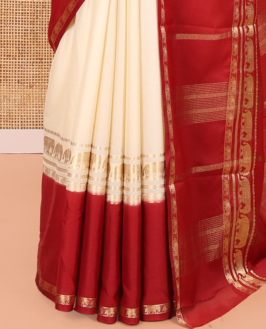 Cream Plain Art Mysore Silk Saree, Complemented by Captivating Contrast Rettai Pettu Traditional Border of Elephant Zari Buttas, Striped Pallu, and Paired with a Contrast Blouse