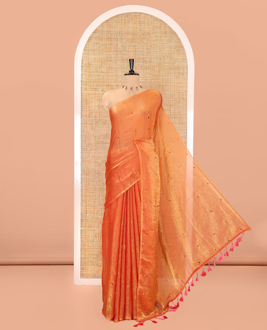 Borderless Orange Fendy Chiffon Saree, Gleamed Up with Sequin Work on Its Body, Highlighted by a Self-Pallu of Sequin Work, and Paired with a Matching Blouse