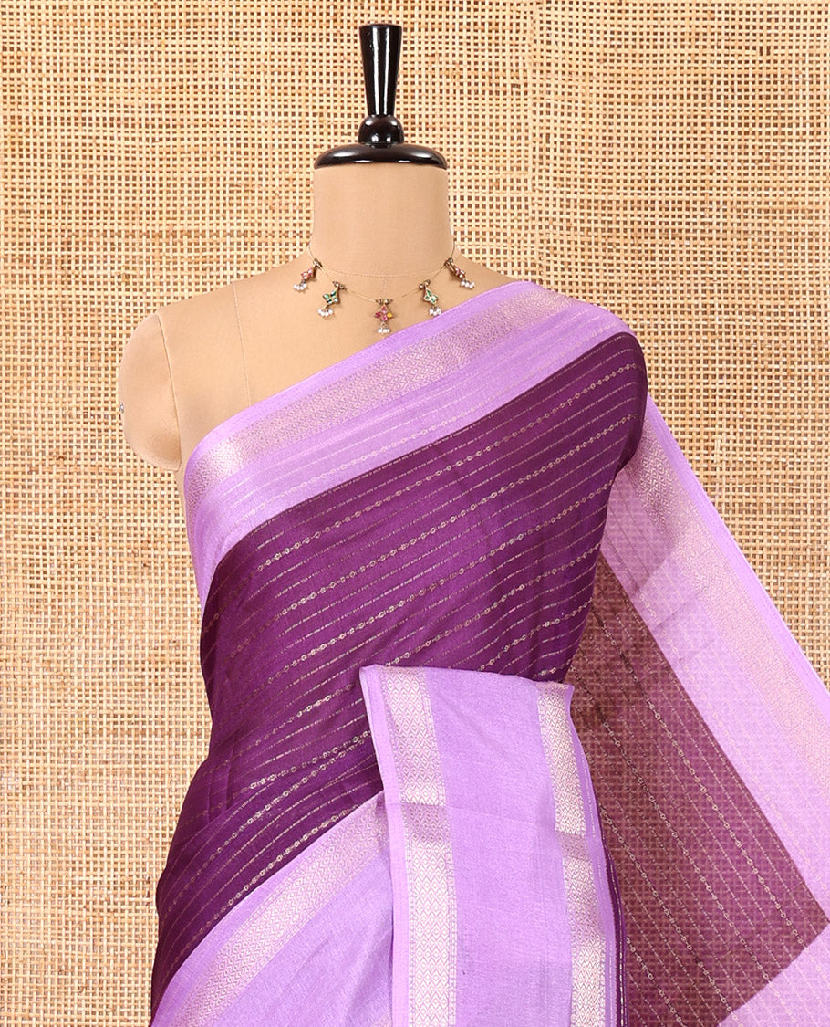Violet Dola Silk Saree, Bedecked with Zari Stripes, Contrast Traditional Zari Border, Striped Pallu, and a Contrast Blouse