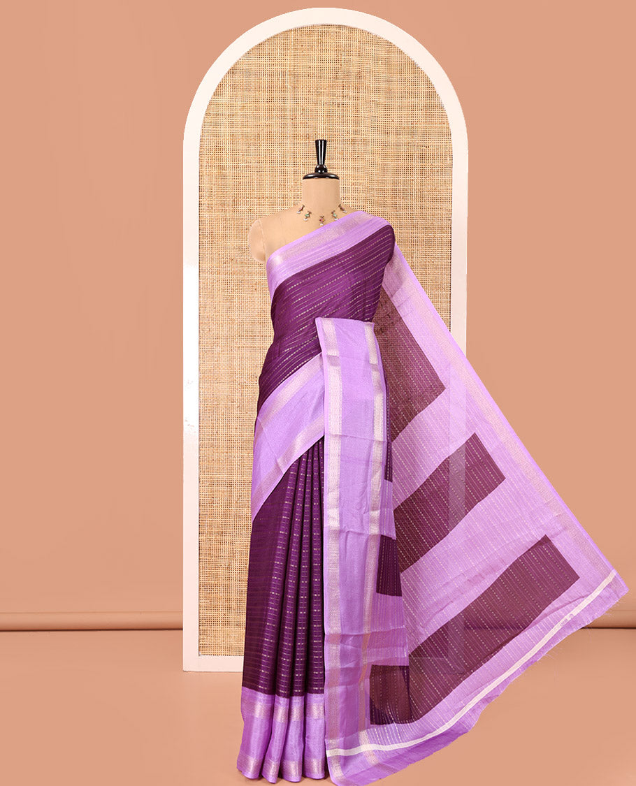 Violet Dola Silk Saree, Bedecked with Zari Stripes, Contrast Traditional Zari Border, Striped Pallu, and a Contrast Blouse