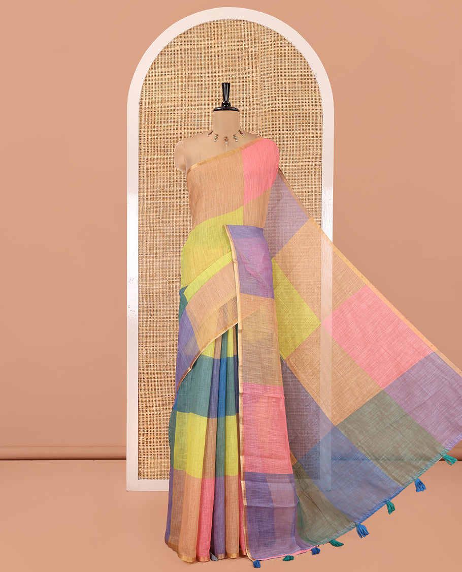 Borderless Yellow Linen Cotton Saree, Adorned with Macro-Checked Design on Its Body, a Self-Pallu, and Paired with a Contrast-Printed Blouse